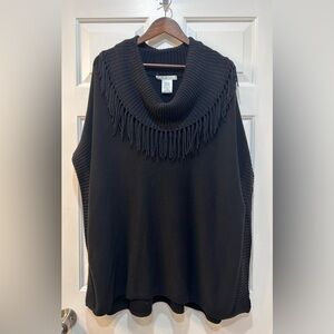 Caroline Grace Cotton Cashmere Poncho Black Fringe Cowl Neck Cape Women One Size
